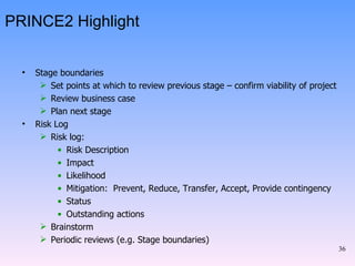 PRINCE2 Highlight Stage boundaries Set points at which to review previous stage – confirm viability of project Review business case Plan next stage Risk Log Risk log: Risk Description Impact Likelihood Mitigation:  Prevent, Reduce, Transfer, Accept, Provide contingency Status Outstanding actions Brainstorm Periodic reviews (e.g. Stage boundaries) 