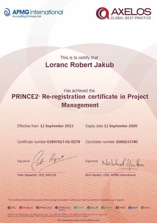 Prince2 Re -registration Certificate in PM
