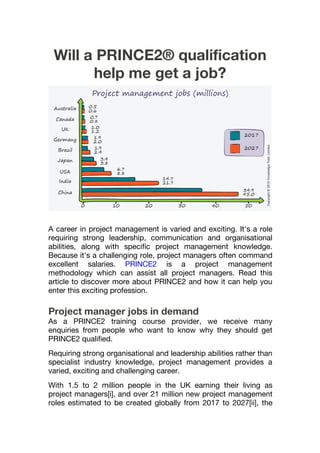 Will a PRINCE2® qualification
help me get a job?
A career in project management is varied and exciting. It's a role
requiring strong leadership, communication and organisational
abilities, along with specific project management knowledge.
Because it's a challenging role, project managers often command
excellent salaries. PRINCE2 is a project management
methodology which can assist all project managers. Read this
article to discover more about PRINCE2 and how it can help you
enter this exciting profession.
Project manager jobs in demand
As a PRINCE2 training course provider, we receive many
enquiries from people who want to know why they should get
PRINCE2 qualified.
Requiring strong organisational and leadership abilities rather than
specialist industry knowledge, project management provides a
varied, exciting and challenging career.
With 1.5 to 2 million people in the UK earning their living as
project managers[i], and over 21 million new project management
roles estimated to be created globally from 2017 to 2027[ii], the
 