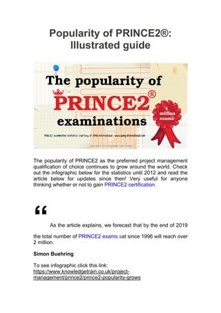 Popularity of PRINCE2®:
Illustrated guide
The popularity of PRINCE2 as the preferred project management
qualification of choice continues to grow around the world. Check
out the infographic below for the statistics until 2012 and read the
article below for updates since then! Very useful for anyone
thinking whether or not to gain PRINCE2 certification.
“As the article explains, we forecast that by the end of 2019
the total number of PRINCE2 exams sat since 1996 will reach over
2 million.
Simon Buehring
To see infographic click this link:
https://www.knowledgetrain.co.uk/project-
management/prince2/prince2-popularity-grows
 