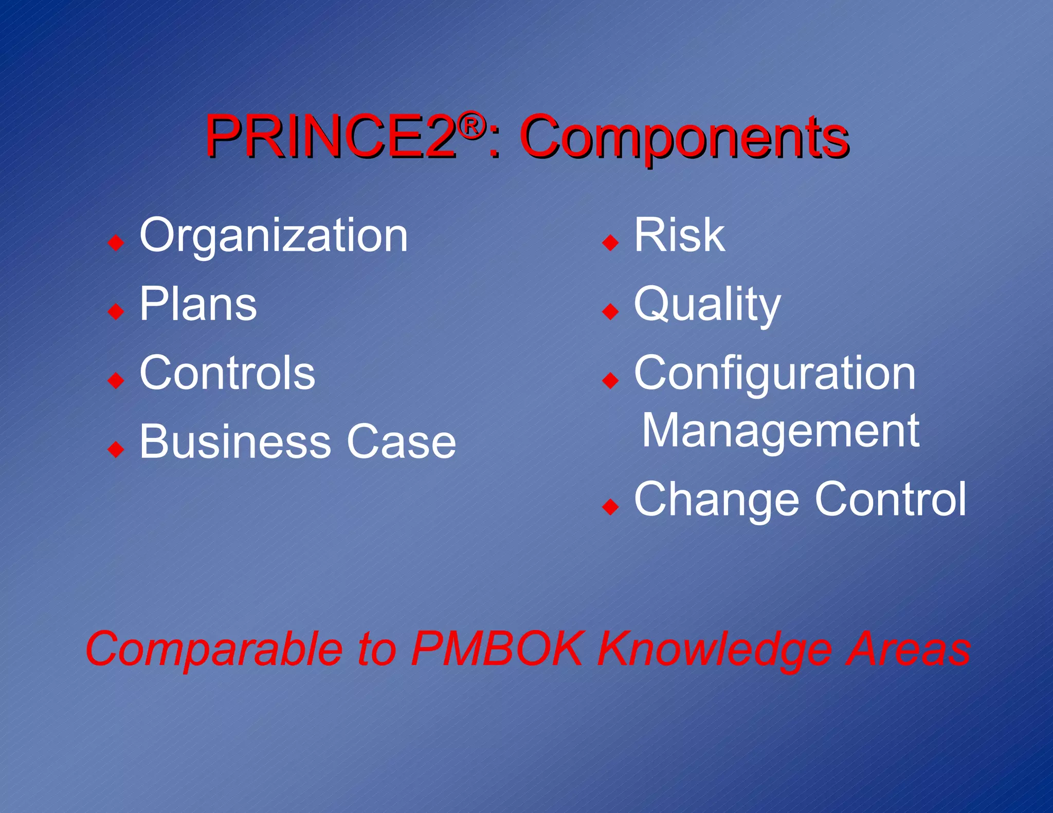 PRINCE2®: Components
◆ Organization      ◆ Risk
◆ Plans             ◆ Quality

◆ Controls          ◆ Configuration

◆ Business Case       Management
                    ◆ Change Control




Comparable to PMBOK Knowledge Areas
 