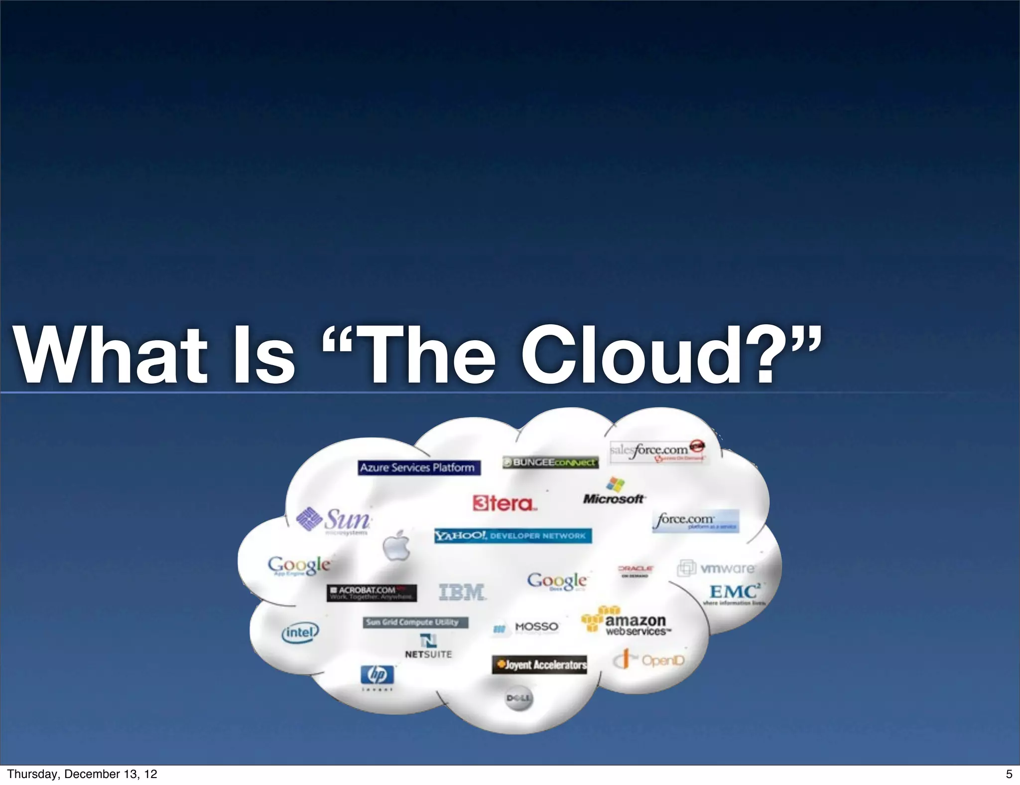 What Is “The Cloud?”



Thursday, December 13, 12   5
 