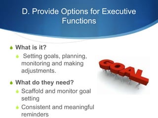 D. Provide Options for Executive 
Functions 
S What is it? 
S Setting goals, planning, 
monitoring and making 
adjustments. 
S What do they need? 
S Scaffold and monitor goal 
setting 
S Consistent and meaningful 
reminders 
 