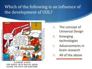 Which of the following is an influence of 
the development of UDL? 
A. The concept of 
Universal Design 
B. Emerging 
technologies 
C. Advancements in 
brain research 
D. All of the above 
 