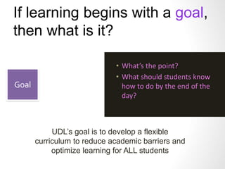 If learning begins with a goal, 
then what is it? 
Goal 
• What’s the point? 
• What should students know 
how to do by the end of the 
day? 
UDL’s goal is to develop a flexible 
curriculum to reduce academic barriers and 
optimize learning for ALL students 
 