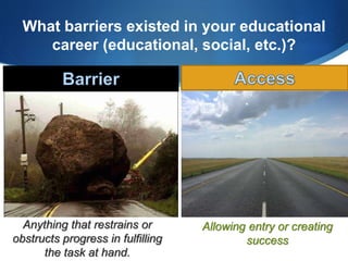What barriers existed in your educational 
career (educational, social, etc.)? 
Anything that restrains or 
obstructs progress in fulfilling 
the task at hand. 
Allowing entry or creating 
success 
 