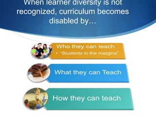 When learner diversity is not 
recognized, curriculum becomes 
disabled by… 
 