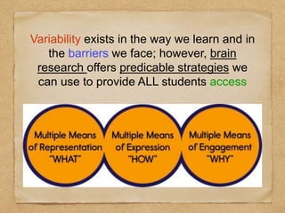 Variability exists in the way we learn and in 
the barriers we face; however, brain 
research offers predicable strategies we 
can use to provide ALL students access 
 