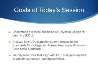 Goals of Today’s Session 
S Understand the three principles of Universal Design for 
Learning (UDL). 
S Analyze how UDL supports student access to the 
Standards for College and Career Readiness (Common 
Core State Standards). 
S Identify resources that align with UDL principles applied 
to written expression learning activities. 
 