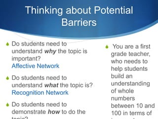 Thinking about Potential 
Barriers 
S Do students need to 
understand why the topic is 
important? 
Affective Network 
S Do students need to 
understand what the topic is? 
Recognition Network 
S Do students need to 
demonstrate how to do the 
topic? 
S You are a first 
grade teacher, 
who needs to 
help students 
build an 
understanding 
of whole 
numbers 
between 10 and 
100 in terms of 
tens and ones. 
 