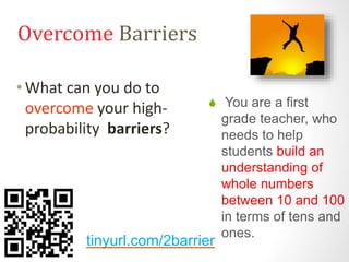 Overcome Barriers 
• What can you do to 
overcome your high-probability 
barriers? 
S You are a first 
tinyurl.com/2barrier 
grade teacher, who 
needs to help 
students build an 
understanding of 
whole numbers 
between 10 and 100 
in terms of tens and 
ones. 
 