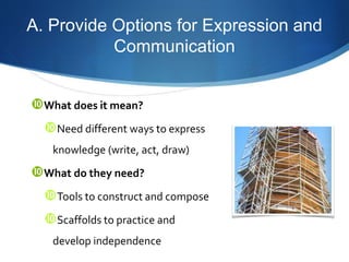 A. Provide Options for Expression and 
Communication 
What does it mean? 
Need different ways to express 
knowledge (write, act, draw) 
What do they need? 
Tools to construct and compose 
Scaffolds to practice and 
develop independence 
 