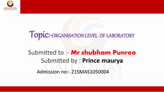 Topic:-ORGANISATION LEVEL OF LABORATORY
Submitted to :- Mr shubham Punrea
Submitted by : Prince maurya
Admission no:- 21SMAS1050004
 