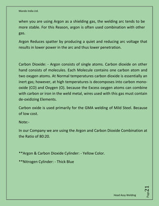 Mando India Ltd.
Head Assy Welding
Page21
when you are using Argon as a shielding gas, the welding arc tends to be
more stable. For this Reason, argon is often used combination with other
gas.
Argon Reduces spatter by producing a quiet and reducing arc voltage that
results in lower power in the arc and thus lower penetration.
Carbon Dioxide: - Argon consists of single atoms. Carbon dioxide on other
hand consists of molecules. Each Molecule contains one carbon atom and
two oxygen atoms. At Normal temperatures carbon dioxide is essentially an
inert gas; however, at high temperatures is decomposes into carbon mono-
oxide (CO) and Oxygen (O). because the Excess oxygen atoms can combine
with carbon or iron in the weld metal, wires used with this gas must contain
de-oxidizing Elements.
Carbon oxide is used primarily for the GMA welding of Mild Steel. Because
of low cost.
Note:-
In our Company we are using the Argon and Carbon Dioxide Combination at
the Ratio of 80:20.
**Argon & Carbon Dioxide Cylinder: - Yellow Color.
**Nitrogen Cylinder: - Thick Blue
 