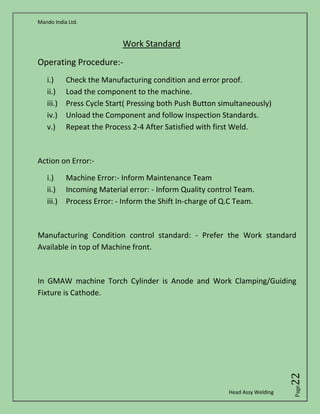 Mando India Ltd.
Head Assy Welding
Page22
Work Standard
Operating Procedure:-
i.) Check the Manufacturing condition and error proof.
ii.) Load the component to the machine.
iii.) Press Cycle Start( Pressing both Push Button simultaneously)
iv.) Unload the Component and follow Inspection Standards.
v.) Repeat the Process 2-4 After Satisfied with first Weld.
Action on Error:-
i.) Machine Error:- Inform Maintenance Team
ii.) Incoming Material error: - Inform Quality control Team.
iii.) Process Error: - Inform the Shift In-charge of Q.C Team.
Manufacturing Condition control standard: - Prefer the Work standard
Available in top of Machine front.
In GMAW machine Torch Cylinder is Anode and Work Clamping/Guiding
Fixture is Cathode.
 