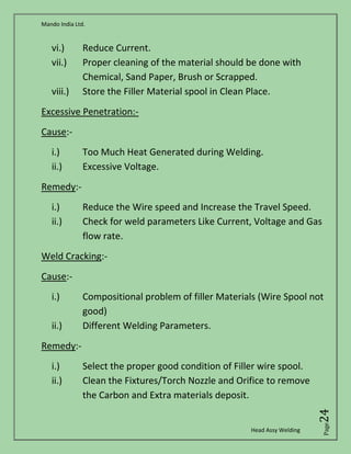 Mando India Ltd.
Head Assy Welding
Page24
vi.) Reduce Current.
vii.) Proper cleaning of the material should be done with
Chemical, Sand Paper, Brush or Scrapped.
viii.) Store the Filler Material spool in Clean Place.
Excessive Penetration:-
Cause:-
i.) Too Much Heat Generated during Welding.
ii.) Excessive Voltage.
Remedy:-
i.) Reduce the Wire speed and Increase the Travel Speed.
ii.) Check for weld parameters Like Current, Voltage and Gas
flow rate.
Weld Cracking:-
Cause:-
i.) Compositional problem of filler Materials (Wire Spool not
good)
ii.) Different Welding Parameters.
Remedy:-
i.) Select the proper good condition of Filler wire spool.
ii.) Clean the Fixtures/Torch Nozzle and Orifice to remove
the Carbon and Extra materials deposit.
 