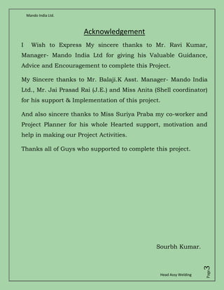 Mando India Ltd.
Head Assy Welding
Page3
Acknowledgement
I Wish to Express My sincere thanks to Mr. Ravi Kumar,
Manager- Mando India Ltd for giving his Valuable Guidance,
Advice and Encouragement to complete this Project.
My Sincere thanks to Mr. Balaji.K Asst. Manager- Mando India
Ltd., Mr. Jai Prasad Rai (J.E.) and Miss Anita (Shell coordinator)
for his support & Implementation of this project.
And also sincere thanks to Miss Suriya Praba my co-worker and
Project Planner for his whole Hearted support, motivation and
help in making our Project Activities.
Thanks all of Guys who supported to complete this project.
Sourbh Kumar.
 