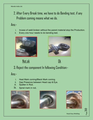 Mando India Ltd.
Head Assy Welding
Page30
2. After Every Break time, we have to do Bending test, if any
Problem coming means what we do.
Ans:-
i. Incase of weld broken without the parent material stop the Production.
ii. Every one hour needs to do bending test.
Not ok Ok
3. Reject the component In following Condition:-
Ans:-
i. Heat Mark coming/Black Mark coming.
ii. Gap Presence between Head cap & Eye.
iii. Spatter in Rod.
iv. Spiral mark in rod.
 