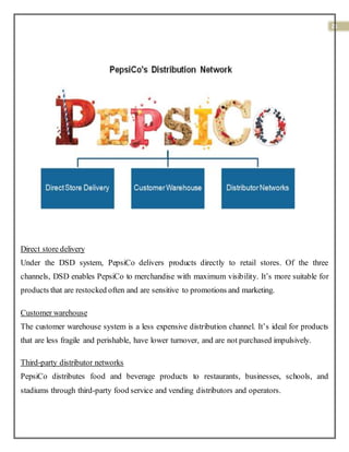 21
Direct store delivery
Under the DSD system, PepsiCo delivers products directly to retail stores. Of the three
channels, DSD enables PepsiCo to merchandise with maximum visibility. It’s more suitable for
products that are restocked often and are sensitive to promotions and marketing.
Customer warehouse
The customer warehouse system is a less expensive distribution channel. It’s ideal for products
that are less fragile and perishable, have lower turnover, and are not purchased impulsively.
Third-party distributor networks
PepsiCo distributes food and beverage products to restaurants, businesses, schools, and
stadiums through third-party food service and vending distributors and operators.
 
