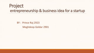 Project
entrepreneurship & business idea for a startup
BY : Prince Raj 2923
Meghdeep Goldar 2901
 