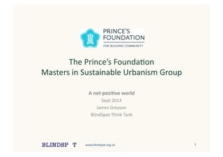 www.blindspot.org.uk	
   1	
  
The	
  Prince’s	
  Founda:on	
  
Masters	
  in	
  Sustainable	
  Urbanism	
  Group	
  
A	
  net-­‐posi+ve	
  world?	
  
Sept	
  2013	
  
James	
  Greyson	
  
BlindSpot	
  Think	
  Tank	
  
 