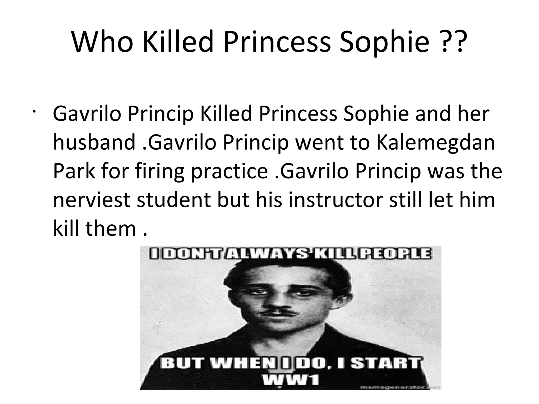 Who Killed Princess Sophie ??
•
Gavrilo Princip Killed Princess Sophie and her
husband .Gavrilo Princip went to Kalemegdan
Park for firing practice .Gavrilo Princip was the
nerviest student but his instructor still let him
kill them .
