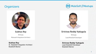 Organizers

2
Subhas Roy
Sr. MuleSoft Integration Architect
MuleSoft Mentor
Srinivas Reddy Vydugula
Lead MuleSoft Developer
MuleSoft Mentor
 