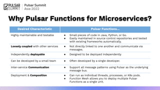 Why Pulsar Functions for Microservices?
Desired Characteristic Pulsar Functions…
Highly maintainable and testable ● Small pieces of code in Java, Python, or Go.
● Easily maintained in source control repositories and tested
with existing frameworks automatically.
Loosely coupled with other services ● Not directly linked to one another and communicate via
messages.
Independently deployable ● Designed to be deployed independently
Can be developed by a small team ● Often developed by a single developer.
Inter-service Communication ● Support all message patterns using Pulsar as the underlying
message bus.
Deployment & Composition ● Can run as individual threads, processes, or K8s pods.
● Function Mesh allows you to deploy multiple Pulsar
Functions as a single unit.
 
