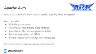 Apache Avro
Avro is a data serialization system used across Big Data ecosystem.
Avro provides:
● Rich data structures
● A compact, fast, binary data format
● A container ﬁle, to store persistent data
● Remote procedure call (RPC)
● Simple integration with dynamic languages
For more information: https://avro.apache.org/docs/current/
 