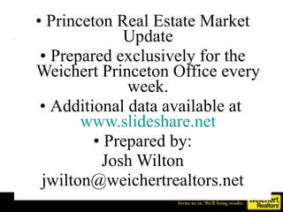 • Princeton Real Estate Market
             Update
 • Prepared exclusively for the
Weichert Princeton Office every
              week.
 • Additional data available at
       www.slideshare.net
         • Prepared by:
          Josh Wilton
 jwilton@weichertrealtors.net
 