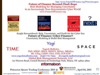 Future of Finance Beyond Flash Boys
Risk Modeling for Managing Uncertainty
in an Increasingly Non-Deterministic Cyber World
www.FutureOfFinance.org
[1]
Copyright, Yogesh Malhotra, PhD, 2015www.yogeshmalhotra.com
Princeton Quant Trading Conference 2015 @ , April 04, 2015
Conference sponsors include:
Knight Reconsidered: Risk, Uncertainty, and Profit for the Cyber Era:
Future of Finance: Cyber-Finance?:
Uncertainty Modeling & Model Risk Management
Yogi
Yogesh Malhotra
PhD, MSQF, MSCS, MSNCS, MSAcc, MBAEco
BE, CEng, CISSP, CISA, CEH, CCP/CDP
www.yogeshmalhotra.com (646) 770-7993 dr.yogesh.malhotra@gmail.com
Global Risk Management Network, LLC
757 Warren Road, Cornell Business & Technology Park, Ithaca, NY 14852-4892
http://www.FutureOfFinance.org/Princeton.ppsx
 