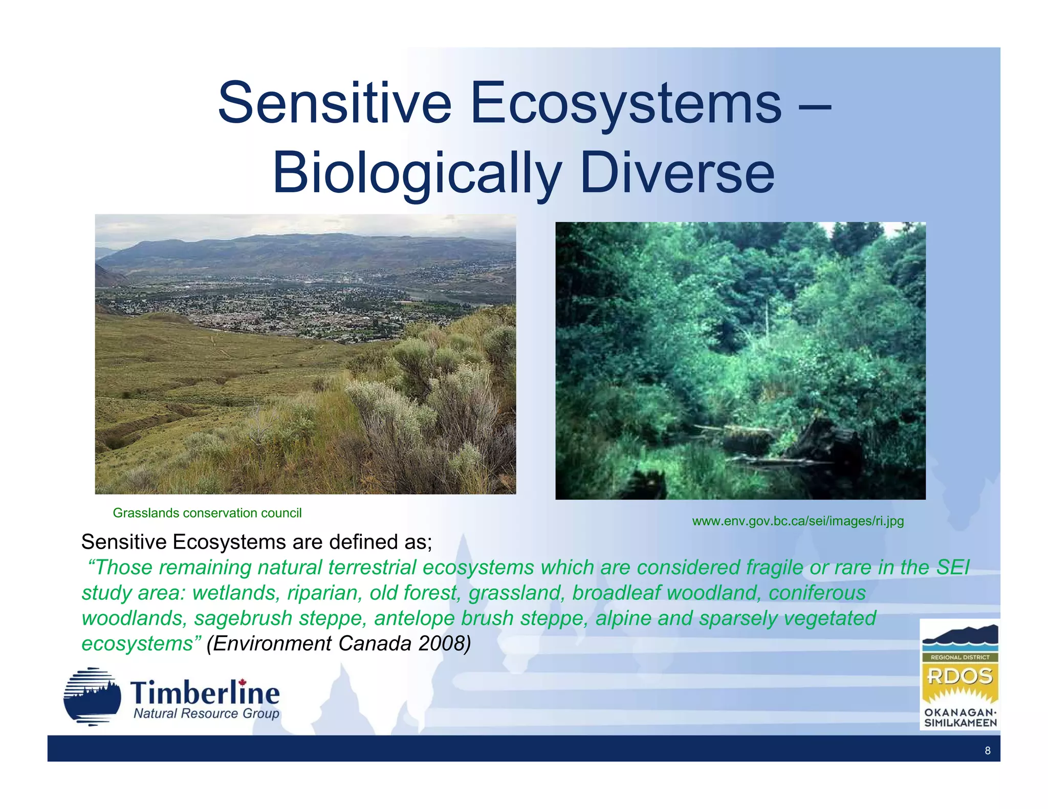 Sensitive Ecosystems –
                    Biologically Diverse




   Grasslands conservation council
                                                                  www.env.gov.bc.ca/sei/images/ri.jpg
Sensitive Ecosystems are defined as;
 “Those remaining natural terrestrial ecosystems which are considered fragile or rare in the SEI
study area: wetlands, riparian, old forest, grassland, broadleaf woodland, coniferous
woodlands, sagebrush steppe, antelope brush steppe, alpine and sparsely vegetated
ecosystems” (Environment Canada 2008)



                                                                                                        8
 