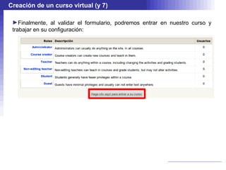 Creación de un curso virtual (y 7)

 ►Finalmente, al validar el formulario, podremos entrar en nuestro curso y
 trabajar en su configuración:
 