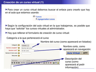 Creación de un curso virtual (1)

 ►Para crear un curso virtual debemos buscar el enlace para crearlo que hay
 en el aula que estamos usando:




 ►Según la configuración del aula virtual en la que trabajamos, es posible que
 haya que “solicitar” los cursos virtuales al administrador.
 ►Hay que rellenar el formulario de creación de curso virtual:

  Categoría a la que pertenecerá el curso
                                  Nombre del curso (como aparecerá en listados)
                                                        Nombre corto, como
                                                        aparecerá en navegación:


                                                         Descripción del
                                                         curso (como
                                                         aparecerá al pedir
                                                         información)
 