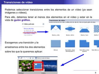 Entorno de trabajo Previsualización del vídeo Colecciones: Aquí aparecerán los medios que podamos usar en el vídeo: imágenes, audios, transiciones, vídeos... Panel de tareas Guión gráfico 