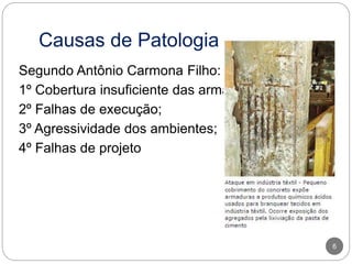 Causas de Patologia
6
Segundo Antônio Carmona Filho:
1º Cobertura insuficiente das armaduras;
2º Falhas de execução;
3º Agressividade dos ambientes;
4º Falhas de projeto
 