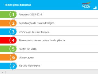 Temas para discussão
Repactuação do risco hidrológico
1
4
Tarifas em 2016
2
7 Cenário hidrológico
Desempenho do mercado e Inadimplência
3
2
4º Ciclo de Revisão Tarifária
5
Panorama 2015-2016
Alavancagem6
 