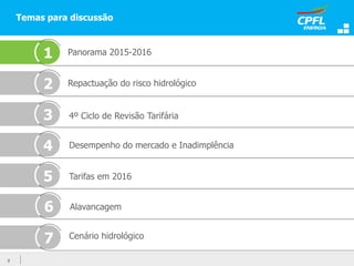 Temas para discussão
Repactuação do risco hidrológico
1
4
Tarifas em 2016
3
7 Cenário hidrológico
Desempenho do mercado e Inadimplência
3
2
4º Ciclo de Revisão Tarifária
5
Panorama 2015-2016
Alavancagem6
 