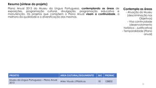 Plano Anual 2013 do Museu da Língua Portuguesa, contemplando as áreas de
exposições, programação cultural, divulgação, programação educativa e
manutenção. Os projetos que compõem o Plano Anual visam a continuidade, a
melhora da qualidade e a diversificação das mesmas.
PROJETO AREA CULTURAL/SEGUIMENTO Art. PRONAC
Museu da Língua Portuguesa – Plano Anual
2013
Artes Visuais //Plásticas 18 128832
Resumo (síntese do projeto)
Contempla as áreas
- Atuação do Museu
(descriminação nos
Objetivos)
- Visa continuidade
(desenvolvimento
histórico - Justificativa)
- Temporalidade (Plano
anual)
26
 