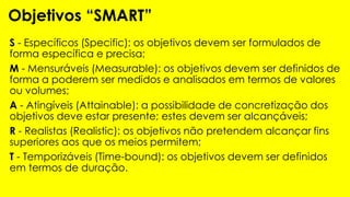 S - Específicos (Specific): os objetivos devem ser formulados de
forma específica e precisa;
M - Mensuráveis (Measurable): os objetivos devem ser definidos de
forma a poderem ser medidos e analisados em termos de valores
ou volumes;
A - Atingíveis (Attainable): a possibilidade de concretização dos
objetivos deve estar presente; estes devem ser alcançáveis;
R - Realistas (Realistic): os objetivos não pretendem alcançar fins
superiores aos que os meios permitem;
T - Temporizáveis (Time-bound): os objetivos devem ser definidos
em termos de duração.
Objetivos “SMART”
 