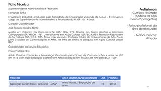 Superintendente Administrativo e Financeiro
Fernando Pinho
Engenheiro Industrial, graduado pela Faculdade de Engenharia Visconde de Mauá – RJ Ocupa o
cargo de Superintendente Administrativo e Financeiro do MASP há 14 anos.
Curador Coordenador
José Teixeira Coelho Netto
Mestre em Ciências da Comunicação USP/ ECA, l976. Doutor em Teoria Literária e Literatura
Comparada USP/ FFLCH, 1981. Livre-docente em Ação Cultural USP/ ECA, l984. Professor-Adjunto em
Ação cultural USP/ ECA, l985. Título mais elevado: Professor titular da Universidade de São Paulo
junto à Escola de Comunicações e Artes, na linha de ensino e pesquisa em Ação Cultural desde
l987.
Coordenador do Serviço Educativo
Paulo Portella Filho
Artista Plástico, Educador e Museólogo. Graduado pela Escola de Comunicações e Artes da USP
em 1975, com especialização posterior em Arte/educação em Museus de Arte pela ECA – USP.
PROJETO AREA CULTURAL/SEGUIMENTO Art. PRONAC
Exposição Lucian Freud, Gravuras – MASP
Artes Visuais // Exposição de
artes
18 125967
Ficha Técnica
Profissionais
- Currículo resumido
(poderia ter pelo
menos 2 parágrafos)
- Faltou profissionais da
área de execução
- Melhor formato:
Miniobio
58
 