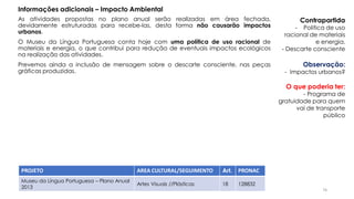 As atividades propostas no plano anual serão realizadas em área fechada,
devidamente estruturadas para recebe-las, desta forma não causarão impactos
urbanos.
O Museu da Língua Portuguesa conta hoje com uma política de uso racional de
materiais e energia, o que contribui para redução de eventuais impactos ecológicos
na realização das atividades.
Prevemos ainda a inclusão de mensagem sobre o descarte consciente, nas peças
gráficas produzidas.
PROJETO AREA CULTURAL/SEGUIMENTO Art. PRONAC
Museu da Língua Portuguesa – Plano Anual
2013
Artes Visuais //Plásticas 18 128832
Informações adicionais – Impacto Ambiental
Contrapartida
- Politica de uso
racional de materiais
e energia.
- Descarte consciente
Observação:
- Impactos urbanos?
O que poderia ter:
- Programa de
gratuidade para quem
vai de transporte
público
76
 
