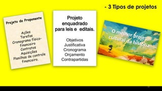 Projeto
enquadrado
para leis e editais.
Objetivos
Justificativa
Cronograma
Orçamento
Contrapartidas
- 3 Tipos de projetos
82
 