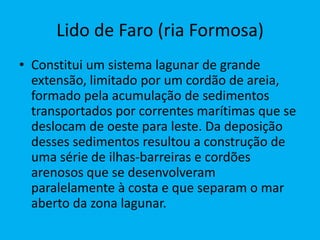 Lido de Faro (ria Formosa)Constitui um sistema lagunar de grande extensão, limitado por um cordão de areia, formado pela acumulação de sedimentos transportados por correntes marítimas que se deslocam de oeste para leste. Da deposição desses sedimentos resultou a construção de uma série de ilhas-barreiras e cordões arenosos que se desenvolveram paralelamente à costa e que separam o mar aberto da zona lagunar.