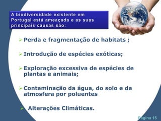  Perda e fragmentação de habitats ;

 Introdução de espécies exóticas;

 Exploração excessiva de espécies de
  plantas e animais;

 Contaminação da água, do solo e da
  atmosfera por poluentes

 Alterações Climáticas.
             Powerpoint Templates
                                        Página 15
 