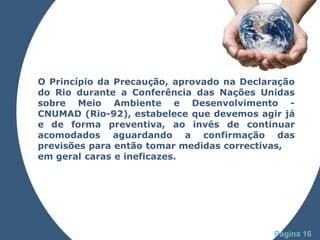 O Princípio da Precaução, aprovado na Declaração
do Rio durante a Conferência das Nações Unidas
sobre Meio Ambiente e Desenvolvimento -
CNUMAD (Rio-92), estabelece que devemos agir já
e de forma preventiva, ao invés de continuar
acomodados aguardando a confirmação das
previsões para então tomar medidas correctivas,
em geral caras e ineficazes.




               Powerpoint Templates
                                            Página 16
 