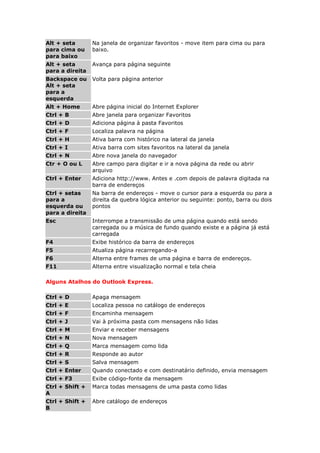 Alt + seta       Na janela de organizar favoritos - move item para cima ou para
para cima ou     baixo.
para baixo
Alt + seta       Avança para página seguinte
para a direita
Backspace ou     Volta para página anterior
Alt + seta
para a
esquerda
Alt + Home       Abre página inicial do Internet Explorer
Ctrl + B         Abre janela para organizar Favoritos
Ctrl + D         Adiciona página à pasta Favoritos
Ctrl + F         Localiza palavra na página
Ctrl + H         Ativa barra com histórico na lateral da janela
Ctrl + I         Ativa barra com sites favoritos na lateral da janela
Ctrl + N         Abre nova janela do navegador
Ctr + O ou L     Abre campo para digitar e ir a nova página da rede ou abrir
                 arquivo
Ctrl + Enter     Adiciona http://www. Antes e .com depois de palavra digitada na
                 barra de endereços
Ctrl + setas     Na barra de endereços - move o cursor para a esquerda ou para a
para a           direita da quebra lógica anterior ou seguinte: ponto, barra ou dois
esquerda ou      pontos
para a direita
Esc              Interrompe a transmissão de uma página quando está sendo
                 carregada ou a música de fundo quando existe e a página já está
                 carregada
F4               Exibe histórico da barra de endereços
F5               Atualiza página recarregando-a
F6               Alterna entre frames de uma página e barra de endereços.
F11              Alterna entre visualização normal e tela cheia

Alguns Atalhos do Outlook Express.

Ctrl + D         Apaga mensagem
Ctrl + E         Localiza pessoa no catálogo de endereços
Ctrl + F         Encaminha mensagem
Ctrl + J         Vai à próxima pasta com mensagens não lidas
Ctrl + M         Enviar e receber mensagens
Ctrl + N         Nova mensagem
Ctrl + Q         Marca mensagem como lida
Ctrl + R         Responde ao autor
Ctrl + S         Salva mensagem
Ctrl + Enter     Quando conectado e com destinatário definido, envia mensagem
Ctrl + F3        Exibe código-fonte da mensagem
Ctrl + Shift +   Marca todas mensagens de uma pasta como lidas
A
Ctrl + Shift +   Abre catálogo de endereços
B
 