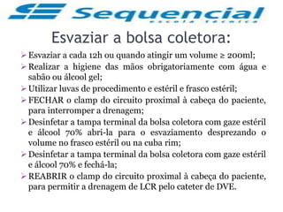 Esvaziar a bolsa coletora:
Esvaziar a cada 12h ou quando atingir um volume ≥ 200ml;
Realizar a higiene das mãos obrigatoriamente com água e
sabão ou álcool gel;
Utilizar luvas de procedimento e estéril e frasco estéril;
FECHAR o clamp do circuito proximal à cabeça do paciente,
para interromper a drenagem;
Desinfetar a tampa terminal da bolsa coletora com gaze estéril
e álcool 70% abri-la para o esvaziamento desprezando o
volume no frasco estéril ou na cuba rim;
Desinfetar a tampa terminal da bolsa coletora com gaze estéril
e álcool 70% e fechá-la;
REABRIR o clamp do circuito proximal à cabeça do paciente,
para permitir a drenagem de LCR pelo cateter de DVE.
 