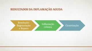 RESULTADOS DA INFLAMAÇÃO AGUDA
Resolução:
Regeneração
e Reparo
Inflamação
crônica
Cicatrização
 