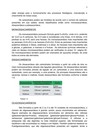 4
obter energia para o funcionamento dos processos fisiológicos, manutenção e
crescimento do nosso corpo.
Os carboidratos podem ser divididos de acordo com o número de carbonos
presentes em sua cadeia, sendo classificados então como monossacarídeos,
dissacarídeos e polissacarídeos.
MONOSSACARÍDEOS
Os monossacarídeos possuem fórmula geral Cm(H2O)n, onde m=n, podendo
ter 3,4,5 ou 6 carbonos. Se m=3 este é considerado uma triose, m=4 tetrose, m=5
pentose ou se m=6, será uma hexose. Os monossacarídeos mais importantes são
as pentoses (C5H10O5) e as hexoses (C6H12O6). Entre as pentoses mais importantes
podemos destacar a ribose, arabinose e a xilose. As hexoses mais importantes são
a glicose, a galactose, a manose e a frutose. As estruturas químicas referentes a
cada um desses monossacarídeos podem ser verificadas no anexo “A”, página 40.
Os monossacarídeos também podem ser chamados de açúcares simples, de onde
todos os outros são derivados.
DISSACARÍDEOS
Os dissacarídeos são carboidratos formados a partir da união de dois ou
mais monossacarídeos através das ligações glicosídicas. Os dissacarídeos também
podem ser formados através da ligação de um carboidrato a uma estrutura não
carboidrato, como por exemplo, a uma proteína. Os principais dissacarídeos são a
sacarose, lactose e maltose. Esses dissacarídeos são formados conforme a tabela
1.0.
Tabela 1.0
OLIGOSSACARÍDEOS
São formados a partir de 2 ou 3 e até 10 unidades de monossacarídeos, o
número de oligossacarídeos é grande, porém, pouco encontrados em alimentos.
Alguns exemplos de oligossacarídeos encontrados em alimentos são: rafinose
(galactose+glicose+frutose), estaquiose (galactose+galactose+glicose+frutose) e
verbascose (galactose+galactose+galactose+glicose+frutose). A rafinose e a
estaquiose não são digeridas no trato intestinal superior, são fermentadas por
bactérias e são encontradas no melaço e em feijões. Também podemos destacar os
frutoligossacarídeos, que são oligossacarídeos presentes em vegetais, tendo a
 